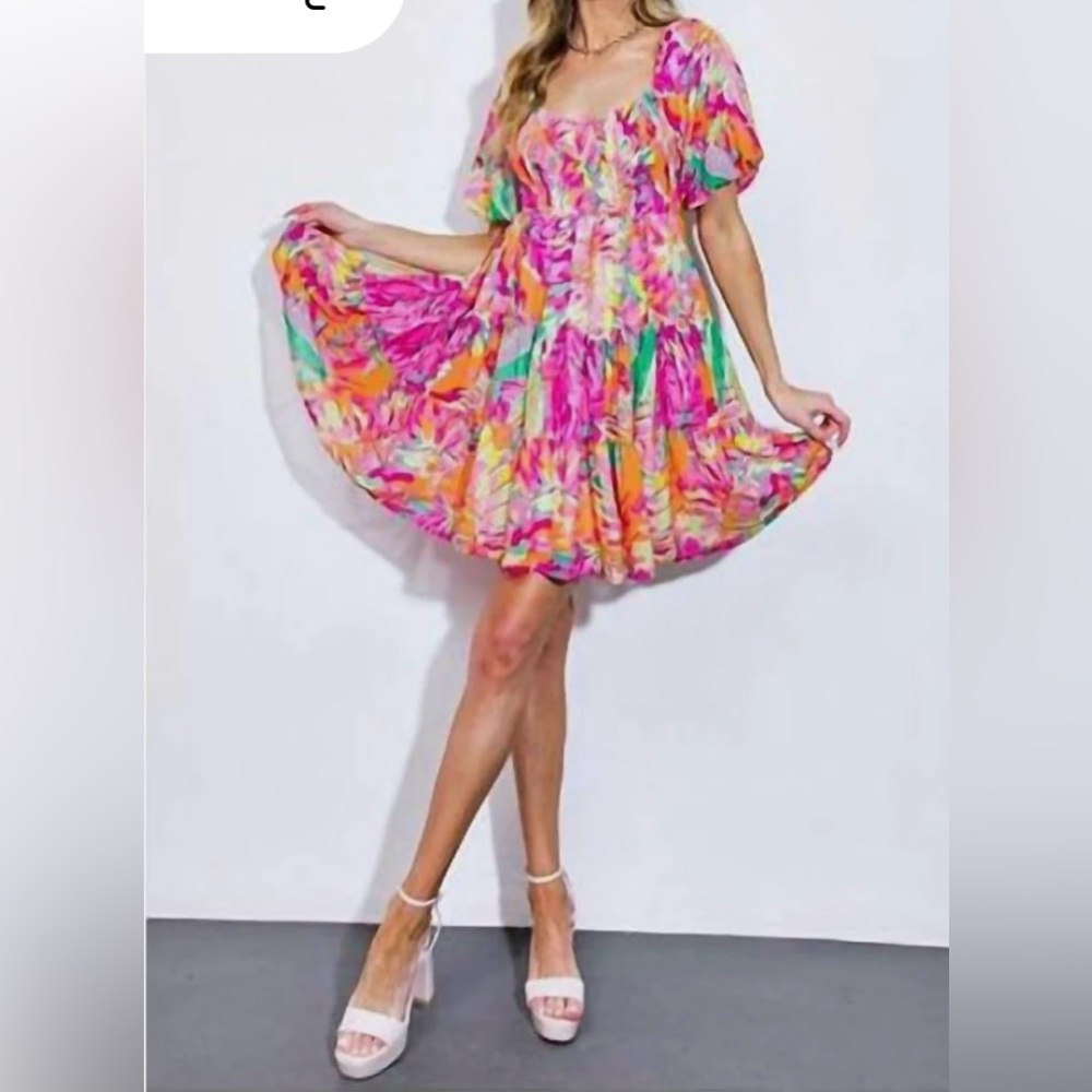 Flying Tomato Meet Me In The Afterglow Mini Babydoll Dress Size S Smocked Bust
